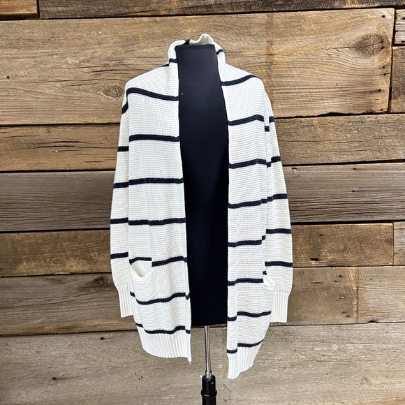 Athleta Sweaters - Athleta Waffle knit navy and white striped Long cardigan with patch pockets, Med